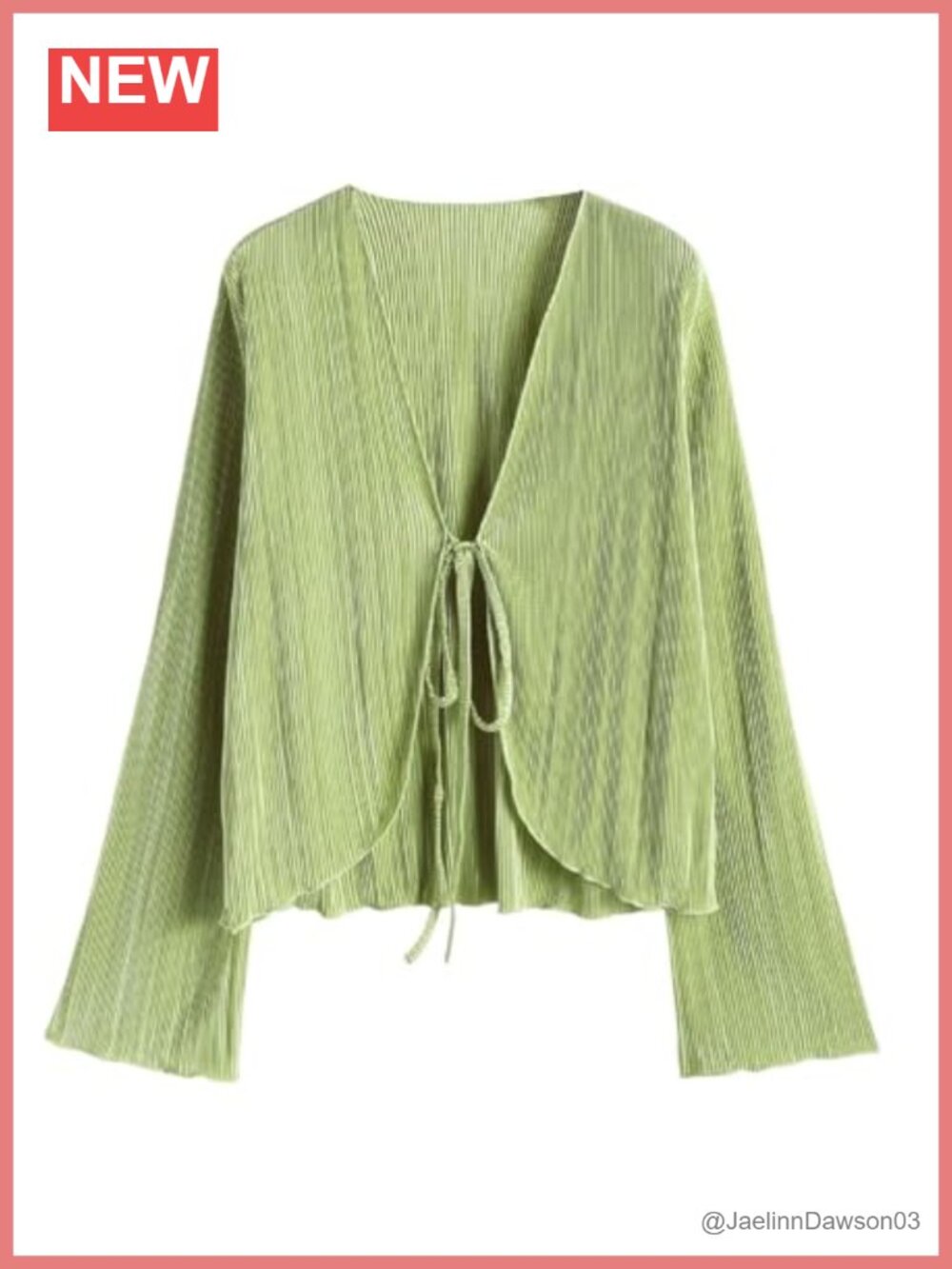Pleated Tie Front Blouse Deep V Neck Long Flared Sleeve Crop Top